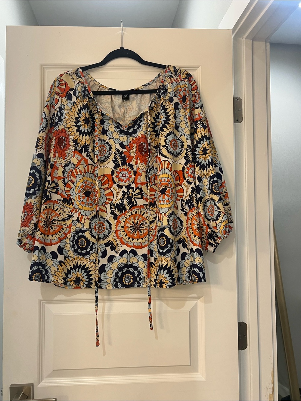 SHEIN Curve Women’s 2XL Multicolor Floral Print Tie-Neck Peasant Blouse